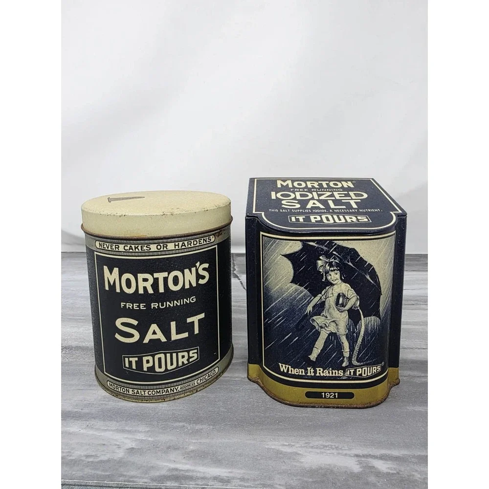 2 Vintage MORTON SALT When It Rains It Pours Metal Tin Canister Can Bristol Ware